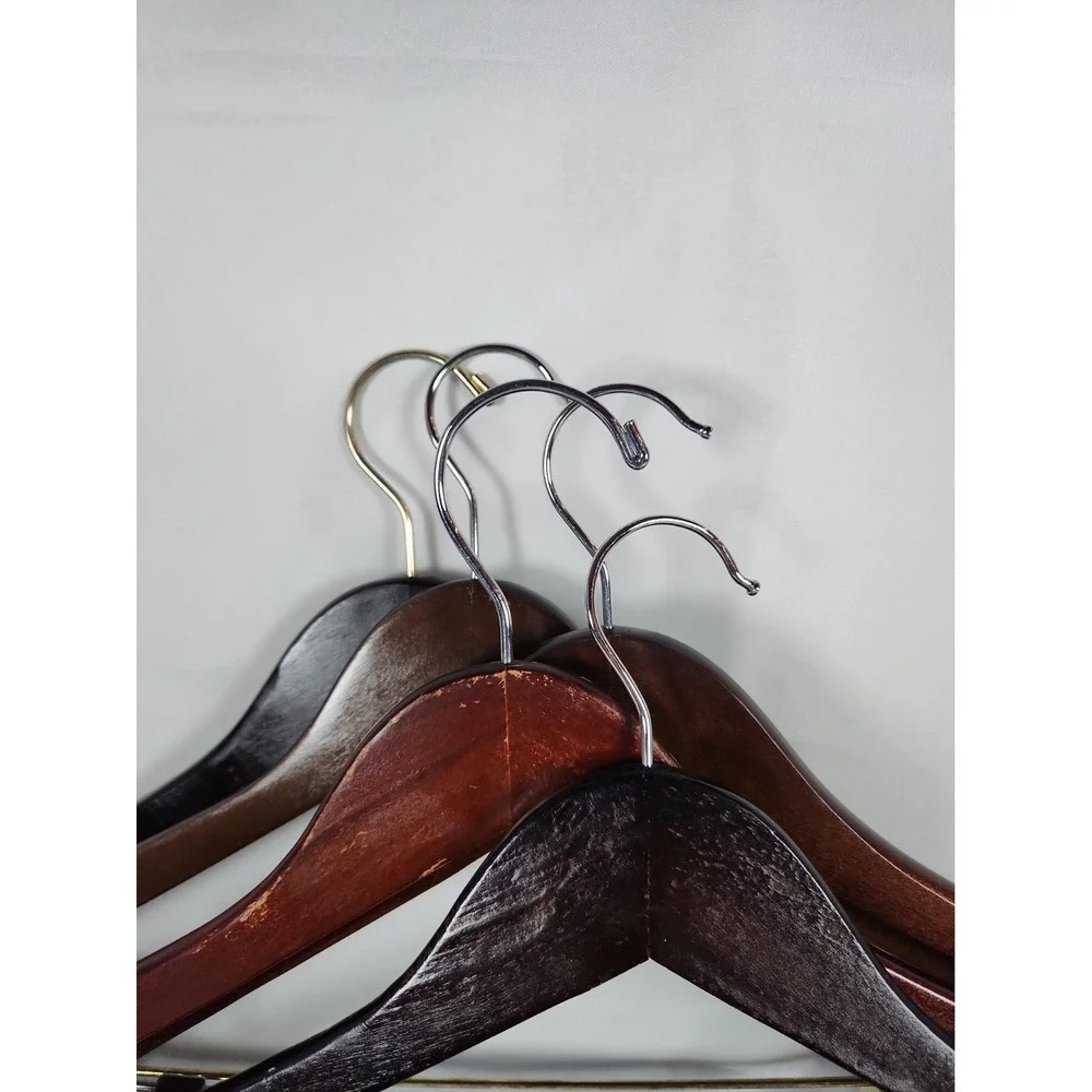 Lot of 5 Wooden Suit Hangers with Adjustable Clips For Pants Skirts Dark Wood